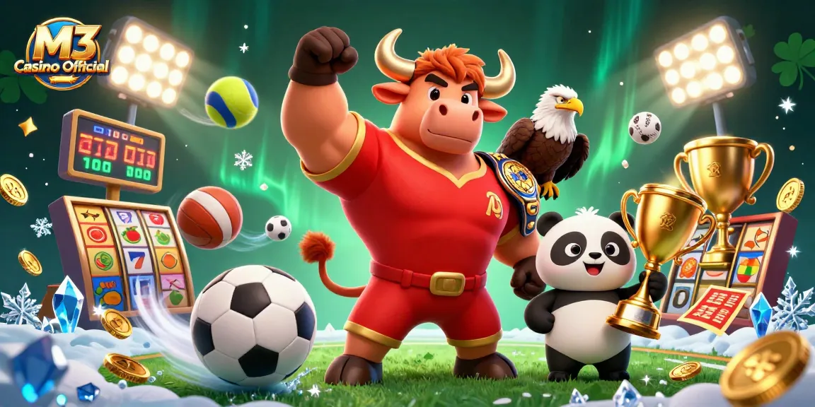 M3 Casino Official showcases a vibrant 3D scene featuring a bull mascot celebrating victory alongside an eagle and panda in a dynamic gambling environment.