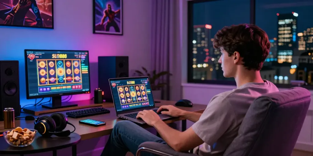 Vibrant home gaming setup featuring the slot888 platform, cozy atmosphere with snacks and LED lights.