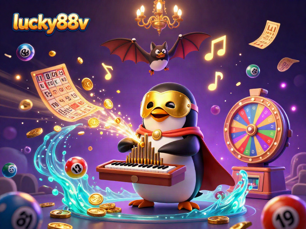 Play thrilling games with lucky88v in an exciting casino scene featuring a penguin organist, colorful lottery elements, and prizes.