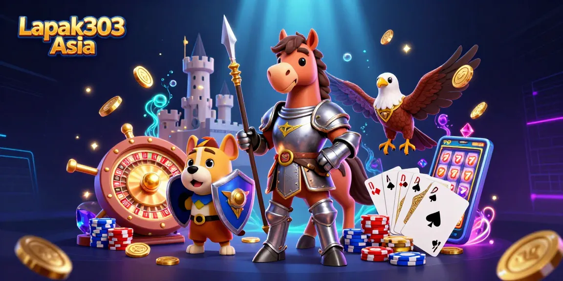 Engage with thrilling gaming at Lapak303 Asia, featuring knights, gold coins, and dynamic casino elements.