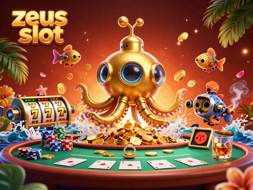 A thrilling scene featuring zeus slot with a golden kraken submarine, dynamic slot elements, and colorful poker chips.