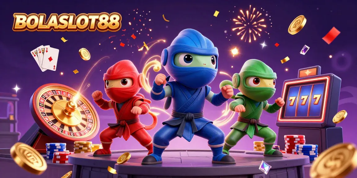BOLASLOT88 showcases a vibrant scene with ninja chameleons, coins, and game elements celebrating casino gaming.