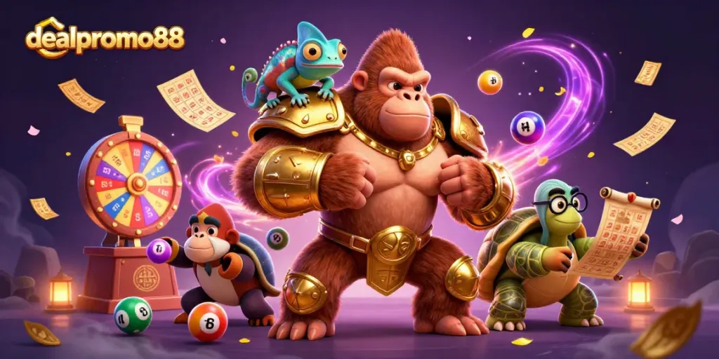 Engage with dealpromo88's vibrant world, featuring dynamic lottery elements and charismatic characters.
