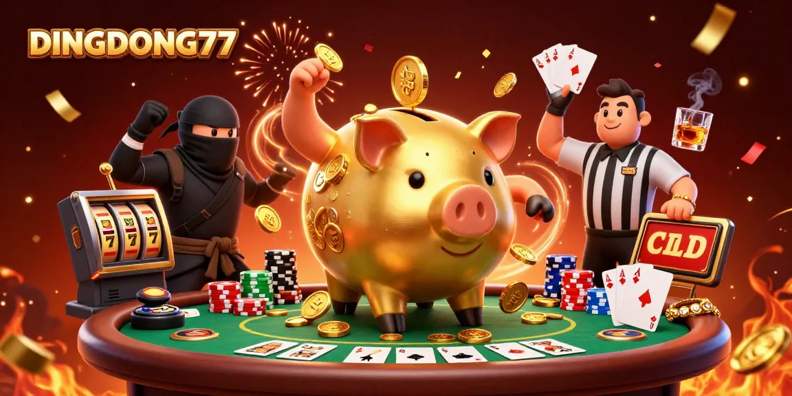 DINGDONG77 showcases exciting online gambling with colorful characters and slot elements in a dynamic casino battle.