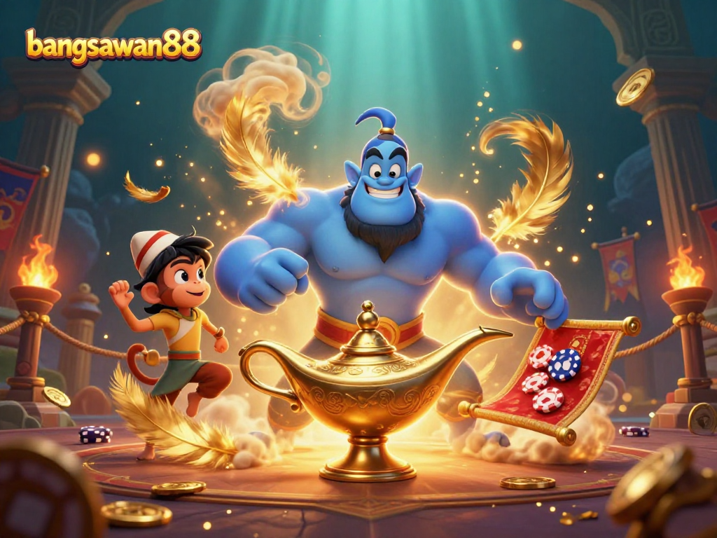 Experience the exhilarating world of bangsawan88 with a vibrant 3D illustration of a magical genie and poker chips.