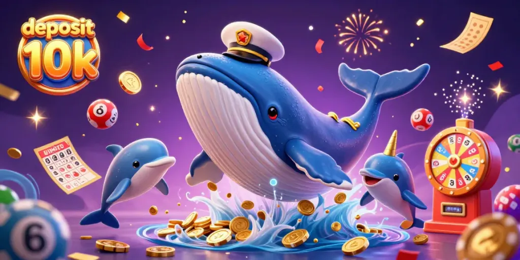 Mengakses keuntungan slot dengan deposit 10k melalui whale kartun 3D yang mewah dan elemen kasino lainnya.