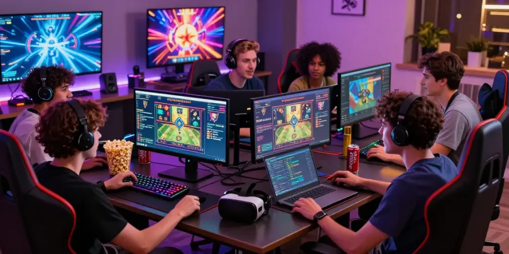 Engaging gaming scene showcasing friends discussing slot gacor strategies with vibrant gaming setup and colorful ambiance.