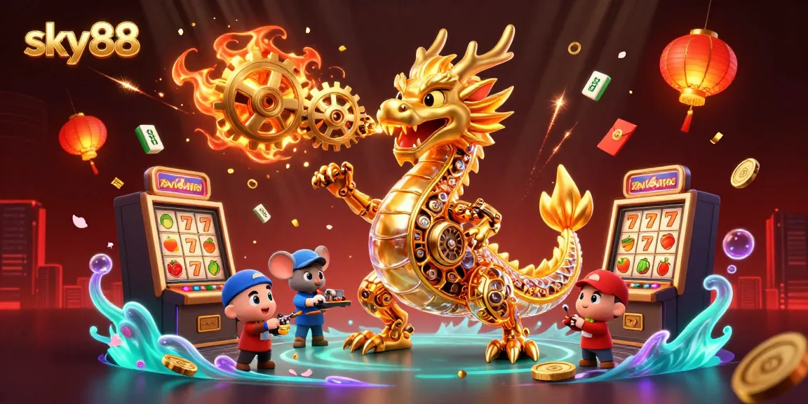 Engage with sky88 in a vibrant 3D casino scene featuring a golden dragon and dynamic gaming elements.