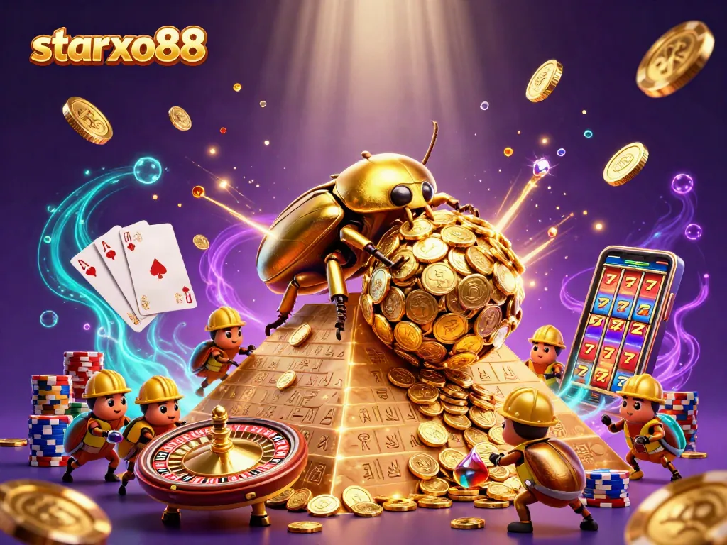 Experience thrilling entertainment with starxo88 as the golden dung beetle navigates a casino treasure pyramid.