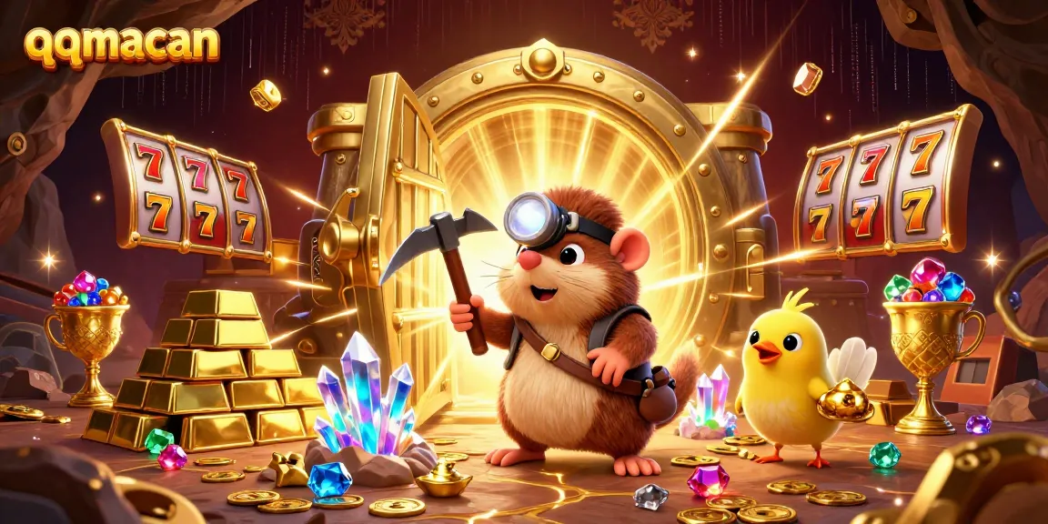 Experience thrilling wins with qqmacan's treasure hunter mole and slot reels in a dazzling casino scene.