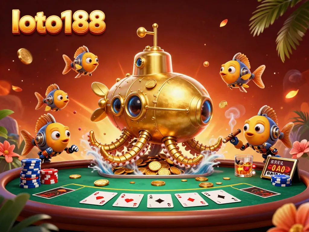 Experience the treasure-filled world of loto188 with a golden kraken submarine and poker action.
