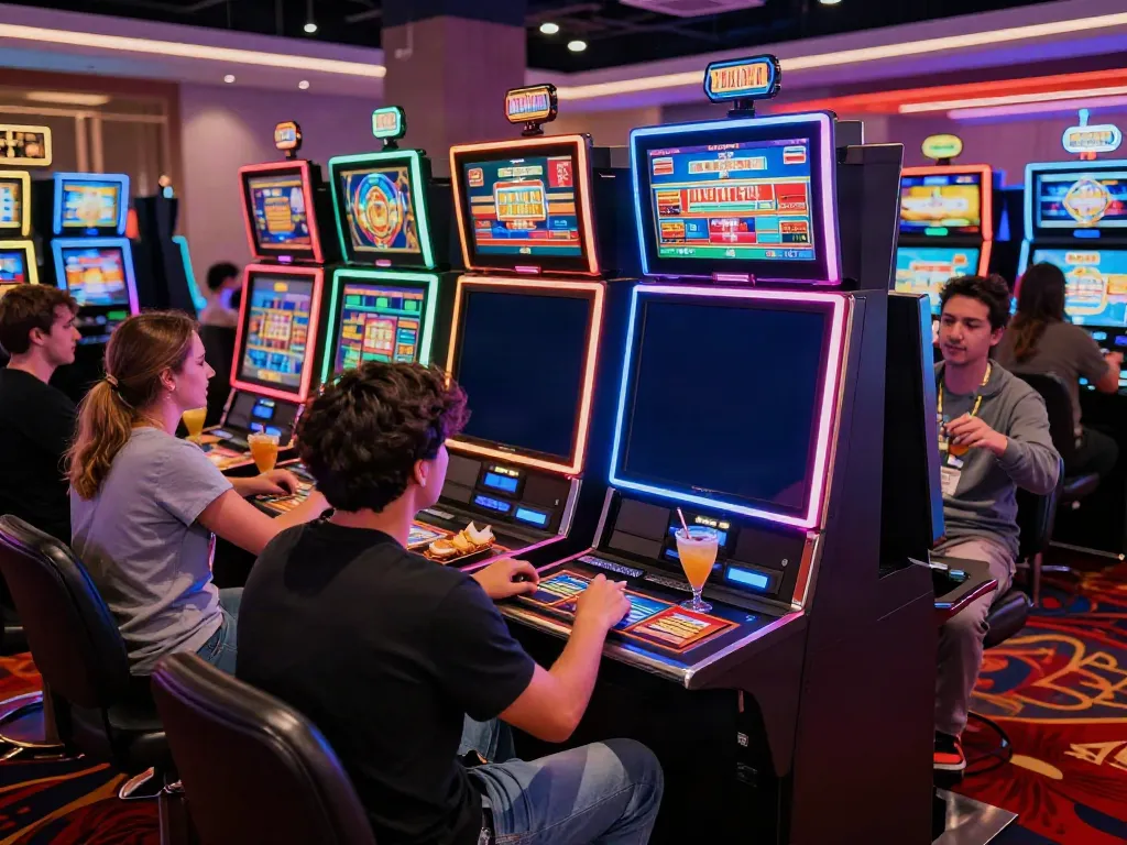 A lively casino scene showcasing players enjoying akunjp games at slot machines.