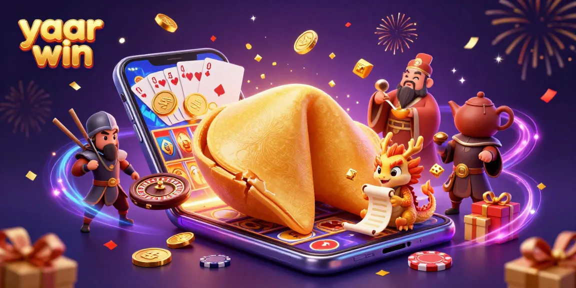 Experience the excitement of yaar win with this illustrated scene of a golden fortune cookie and dynamic slot game.