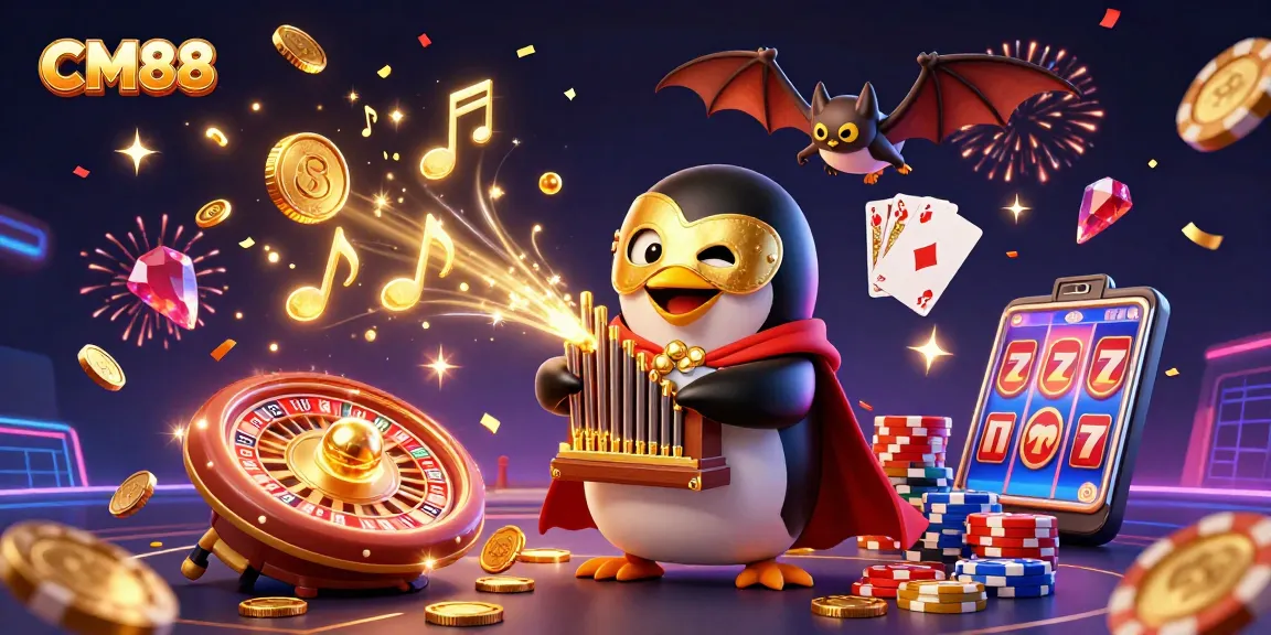 Win big with CM88's exciting games as golden coins cascade in a vibrant casino scene.