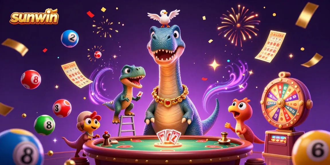 Experience thrilling games at sunwin's vibrant casino with a playful dinosaur dealer enjoying the action.