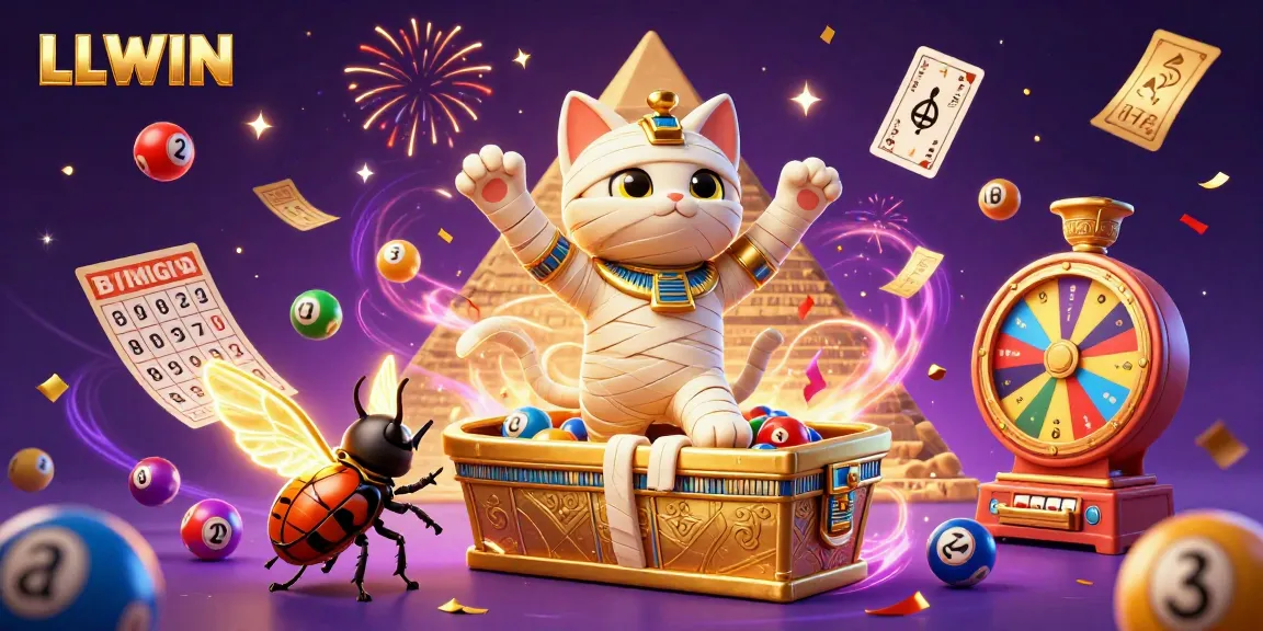 LLWIN features an Egyptian mummy cat in a pyramid casino bursting with colorful elements depicting vibrant gambling activities.