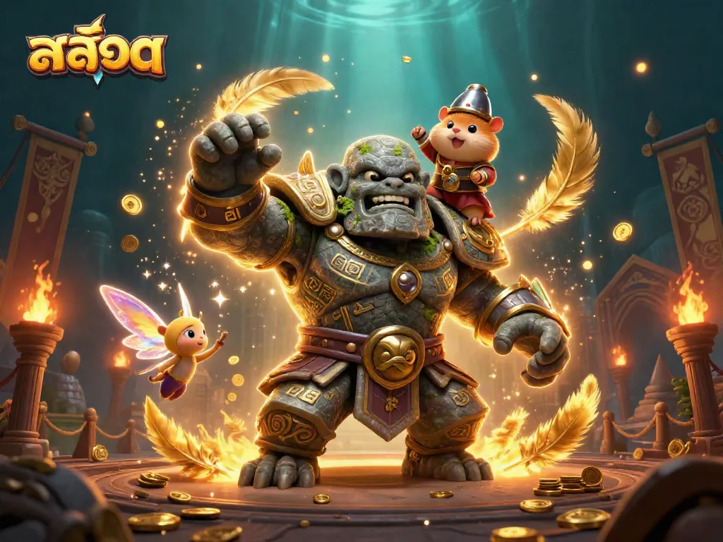 Experience exciting สล็อต gameplay with a dynamic scene featuring a golem guardian and magical elements.