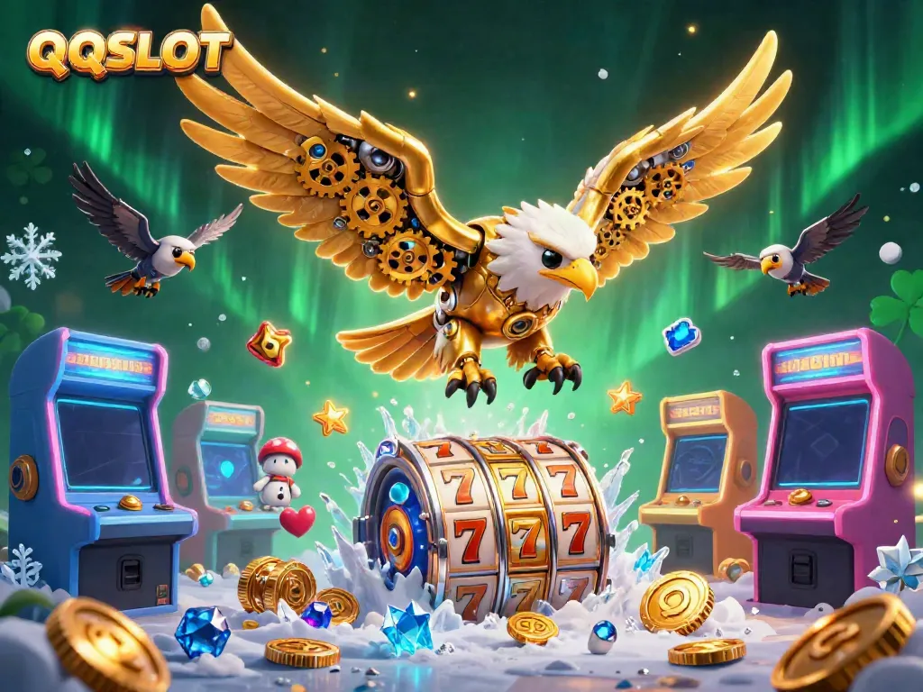 Engage with QQSLOT, where a cybernetic golden eagle dives through colorful slot reels, creating an electrifying casino atmosphere.