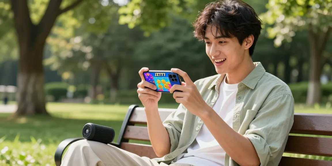 Enjoying the JZ 777 mobile game outdoors, capturing excitement and engagement in a vibrant park setting.
