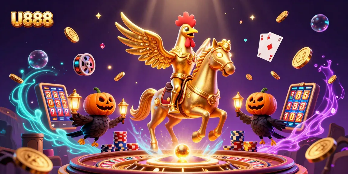 Experience U888 magic with golden rooster and casino thrill in a vibrant 3D scene.