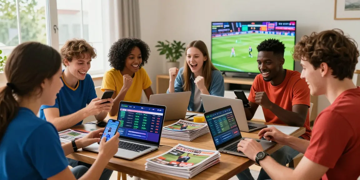 Excited group engaged in FairPlay online betting during live cricket match with laptops and smartphones.