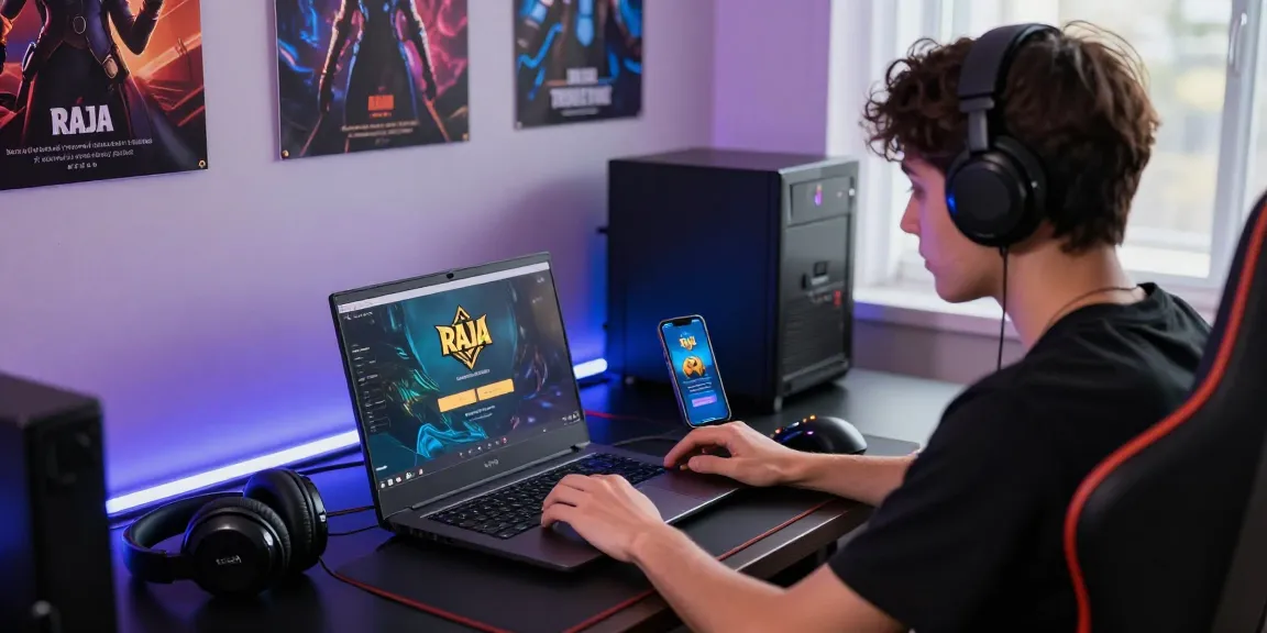 Raja Game login interface displayed on a laptop, young adult excited in a vibrant gaming room.