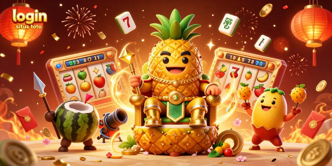 Engage with the dynamic login situs toto scene featuring a golden pineapple king and casino elements.