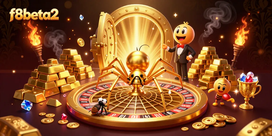 Betting excitement at f8beta2 with golden spider and centipede in a rich casino setting.