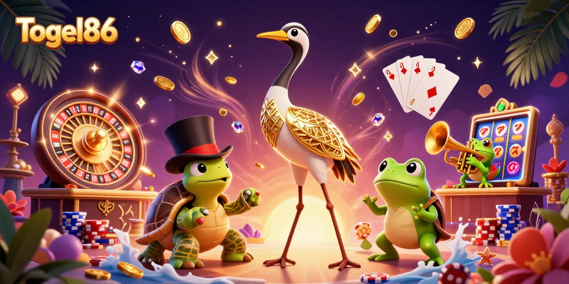 Togel86 captivates with vibrant casino action, showcasing a playful turtle and frog amid dazzling gold coins.