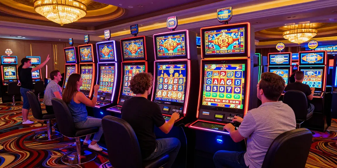 Group of players celebrating a slot jackpot win in a vibrant casino setting, showcasing the excitement and atmosphere of gambling.