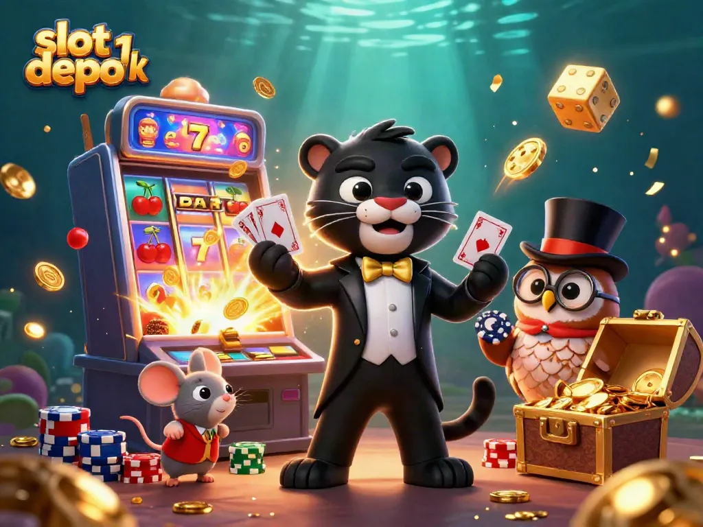 Experience slot depo 1k excitement with a cartoon panther, owl, and mouse in a vibrant casino scene.