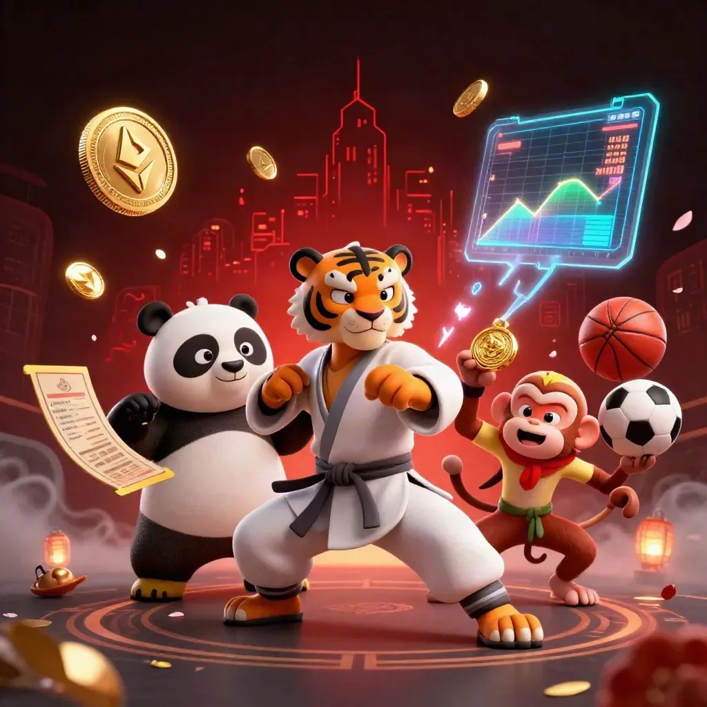 Kung-fu tiger, panda, and monkey amid casino sports power effects, coins, lightning, and city glow.