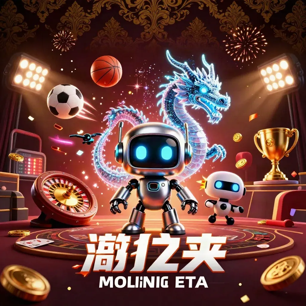 Cyberpunk robot, holographic dragon and drone amid casino lights, coins, balls and trophies