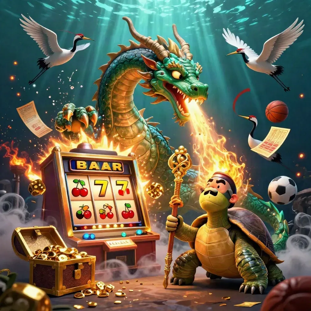 Emerald dragon, turtle sage, and cranes amid exploding casino symbols underwater