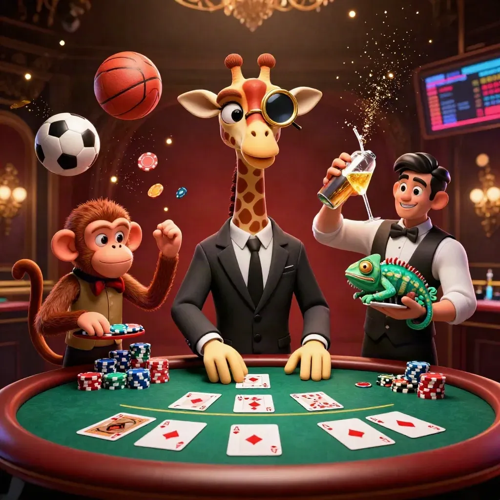 Giraffe, monkey, and chameleon in a luxe casino scene with chips, cards, balls, and golden light.