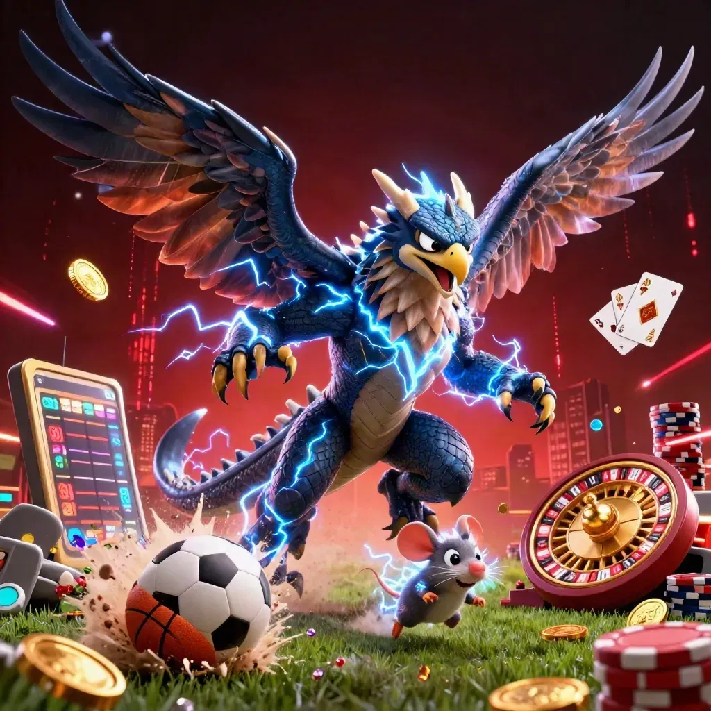 Dragon, hawk, and thunder-mouse amid casino props and sports gear in a neon storm.