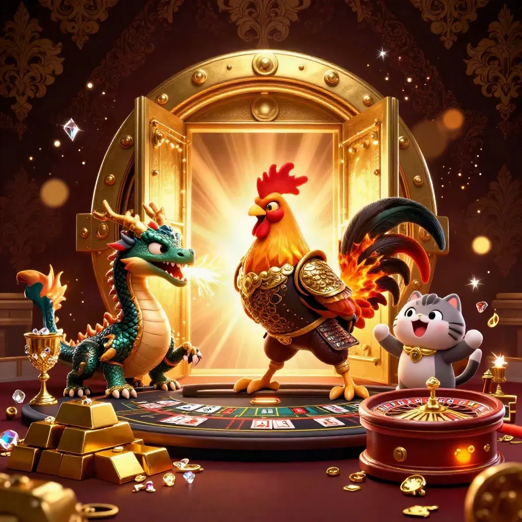 Rooster warrior, dragon hatchling, and fortune-cat amid vault gold, cards, and casino glow.