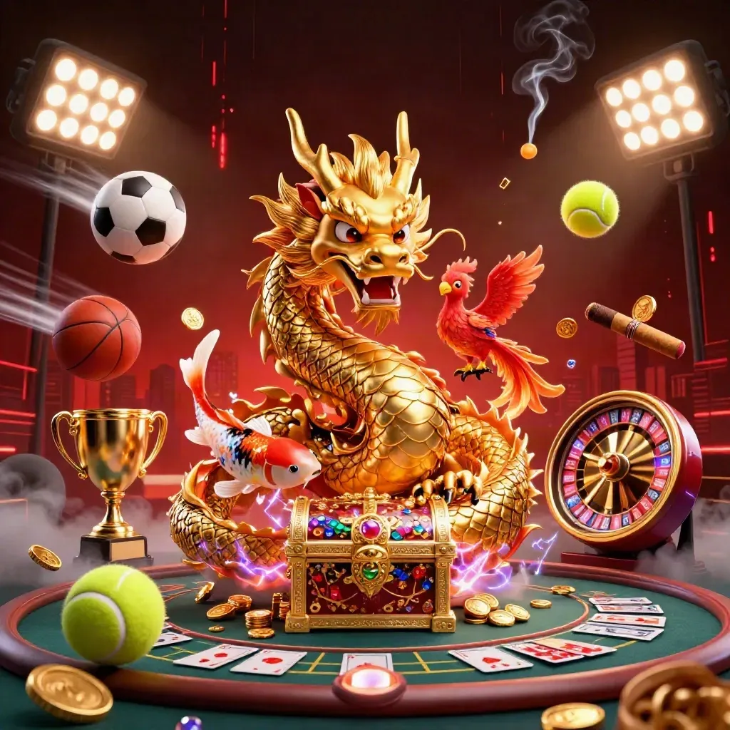 Golden dragon, phoenix, and koi amid casino glamour, sports balls, lights, and neon effects.