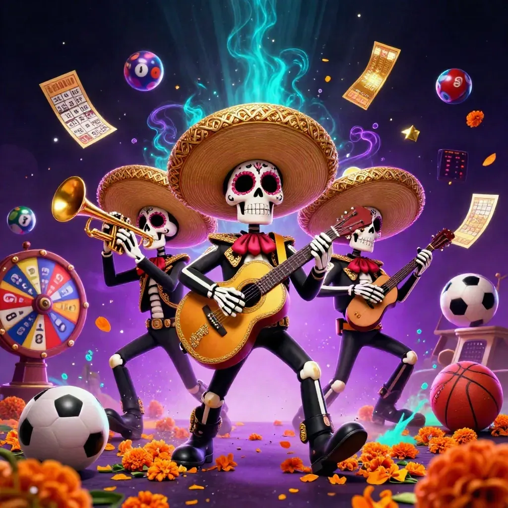 Skeleton mariachi trio amid casino balls, prize wheel, tickets, and neon purple-gold glow.