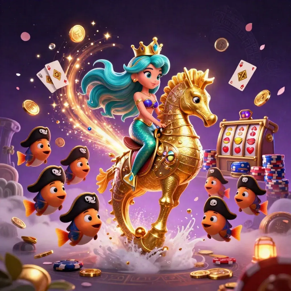 Mermaid princess on golden seahorse amid coins, gems, cards, chips, and glowing casino magic.
