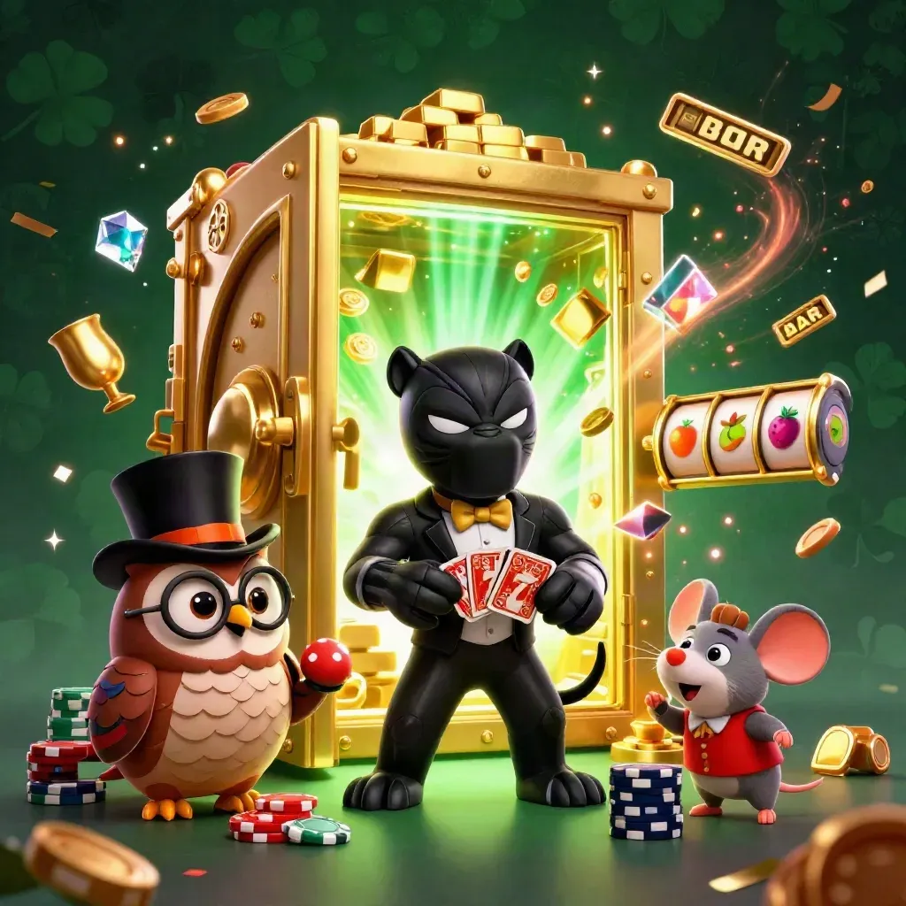 Panther, owl, and mouse blast open a gold vault amid gems, confetti, and emerald casino glow.