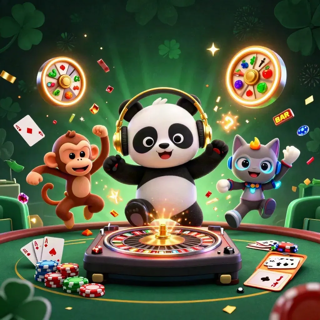 DJ panda, monkey, and glow-kitten amid casino chips, cards, fireworks, and neon energy