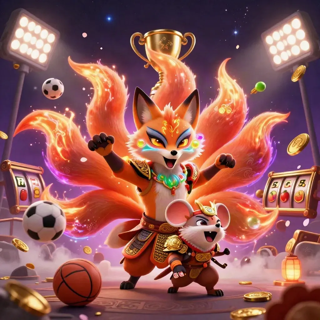 Nine-tailed fox spirit and samurai mouse amid sports balls, coins, trophies and neon casino magic.