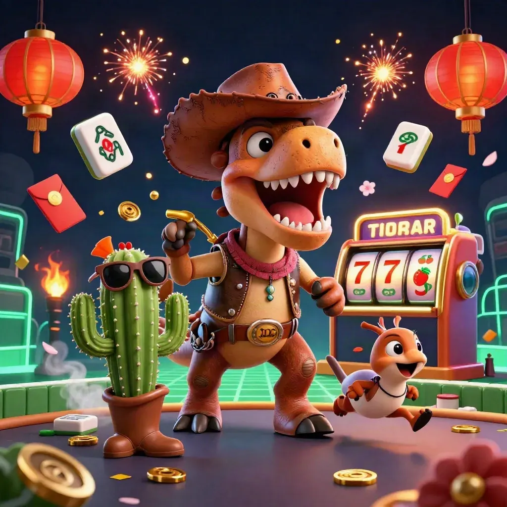 Cowboy T-Rex, cactus sidekick, and sheriff roadrunner amid casino props exploding in neon light.