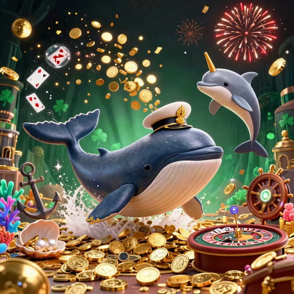 Whale captain, narwhal, and dolphins burst through coins in a luxe emerald casino cove.