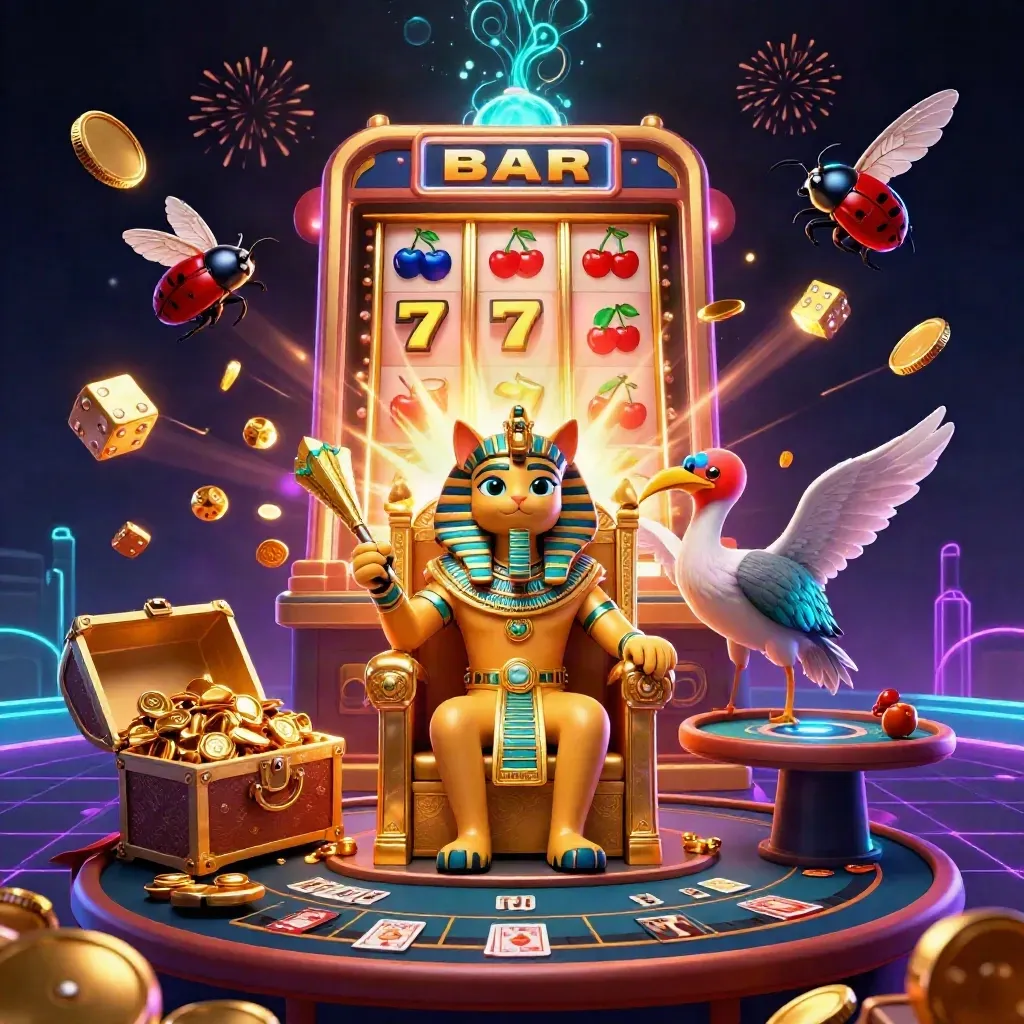 Pharaoh cat, ibis scribe, scarabs, slot burst, coins, fireworks, neon casino luxury