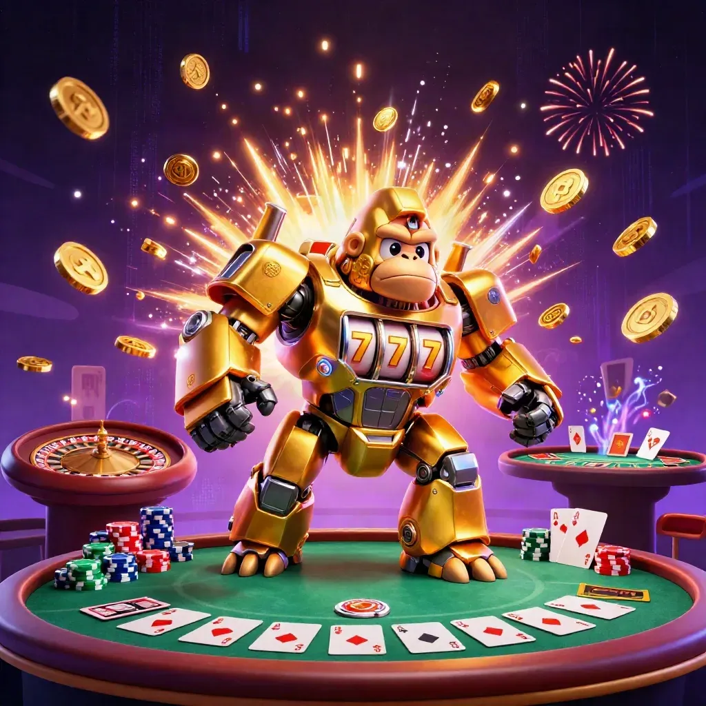 Golden gorilla mech with monkey pilot amid casino chips, cards, roulette wheel and fireworks.