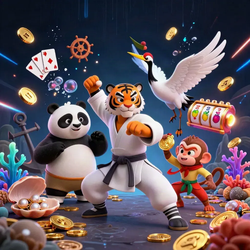 Tiger master, panda disciple, and monkey student amid casino treasure cove, coins, cards, and neon energy.