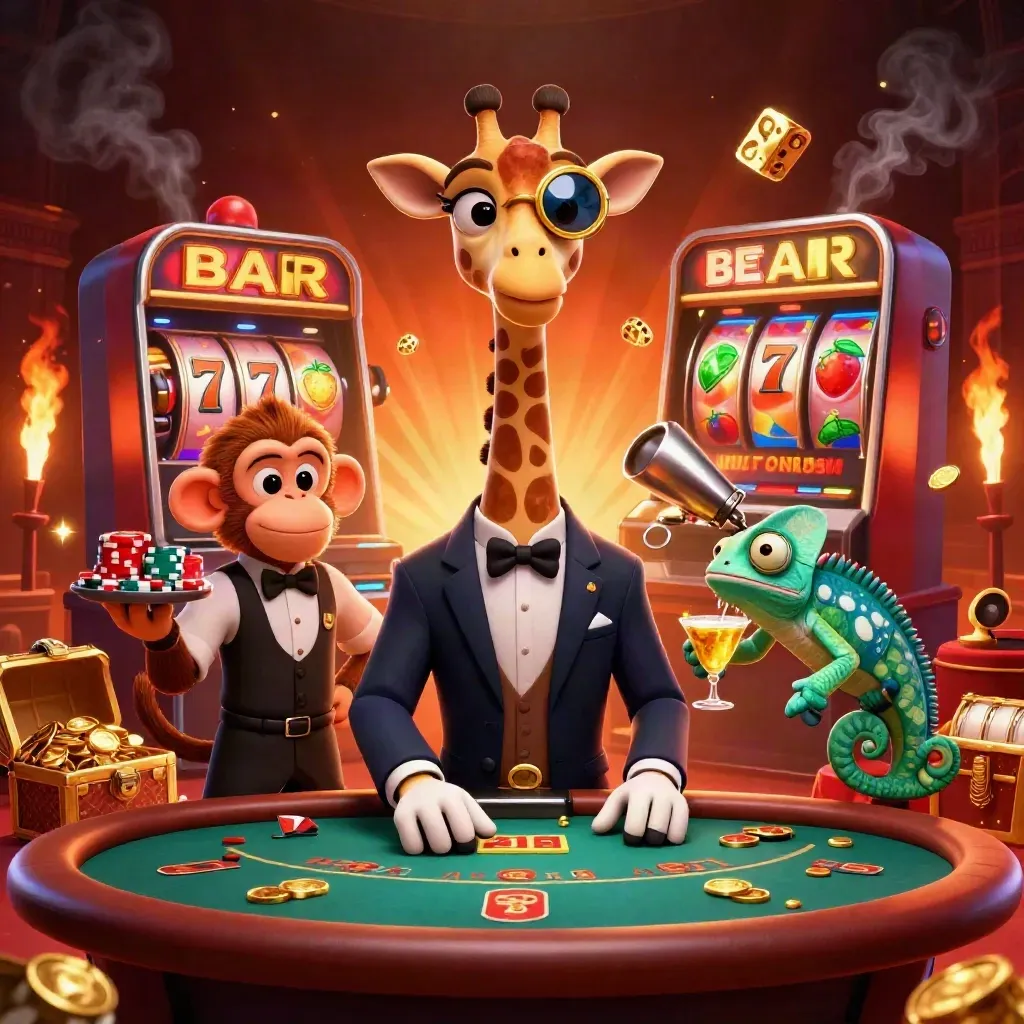 Giraffe, monkey, and chameleon at a glowing casino table with slot burst effects and gold coins.