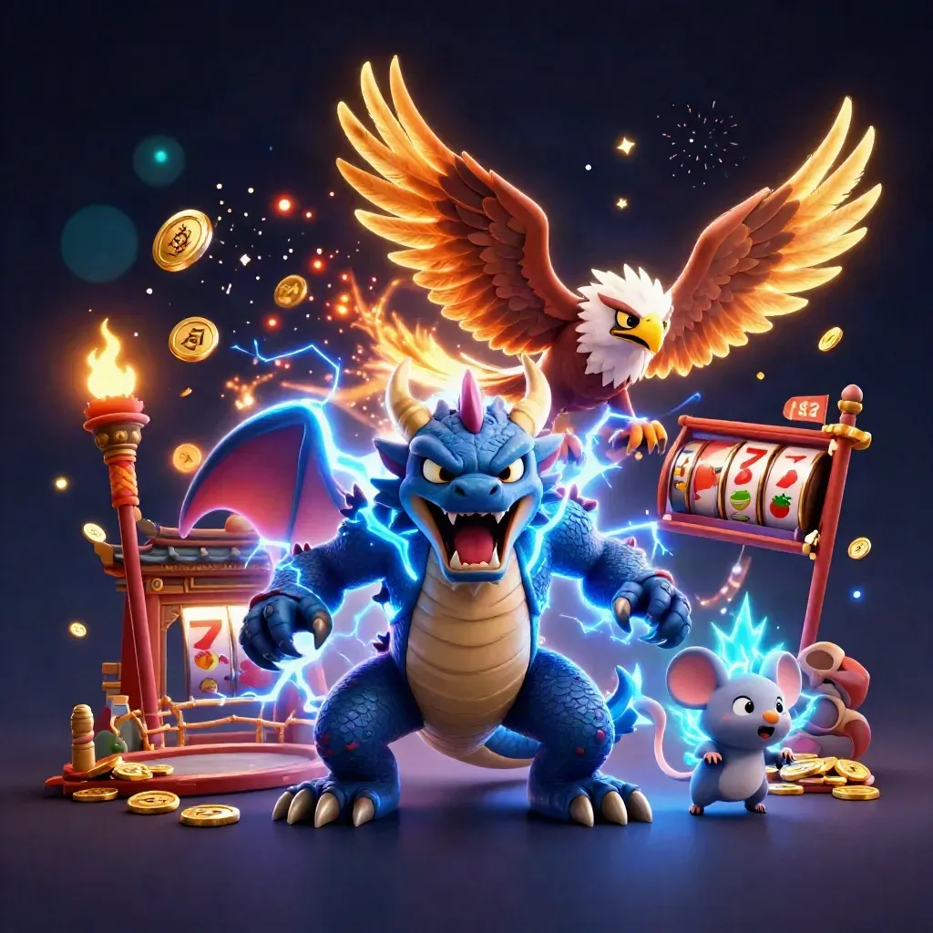 Thunder dragon, wind hawk, and static mouse amid casino magic and gold effects.